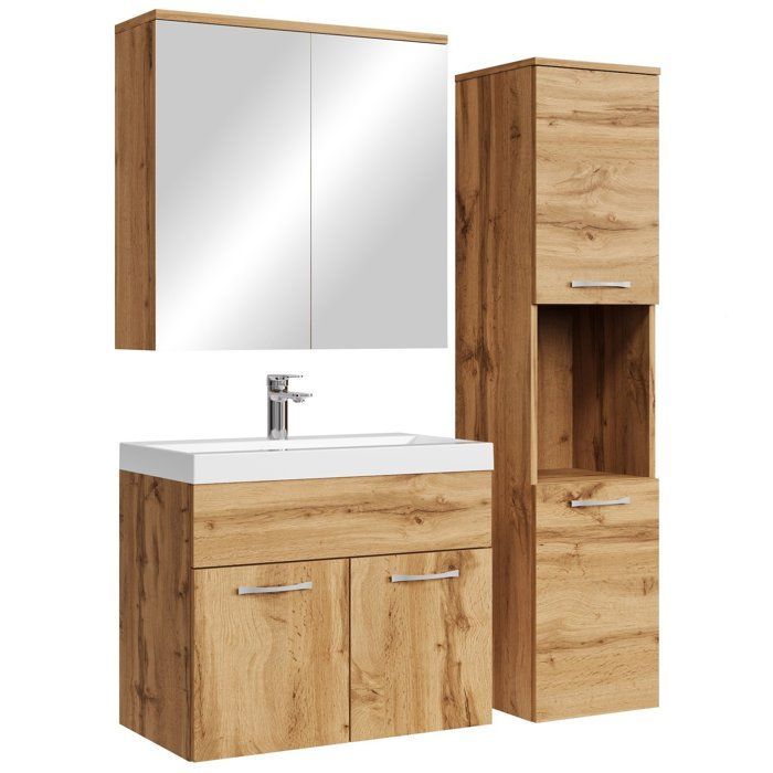 Montreal Bathroom Furniture Set - Badplaats - 60cm Oak Sink - Storage Mirror Cabinet