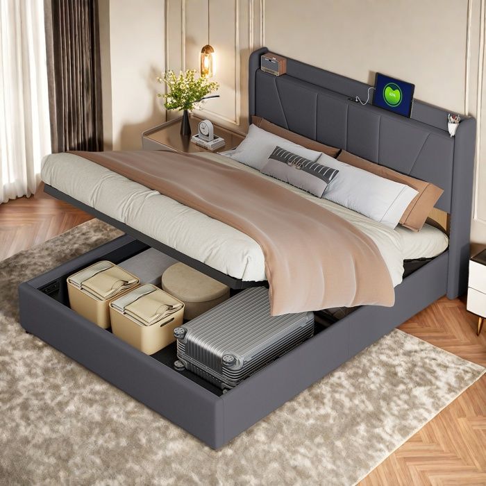Letto contenitore 160 x 200 cm, letto 160x200 con base a doghe, letto per adulti con porta USB, struttura letto, con testiera, grigio scuro, materiale