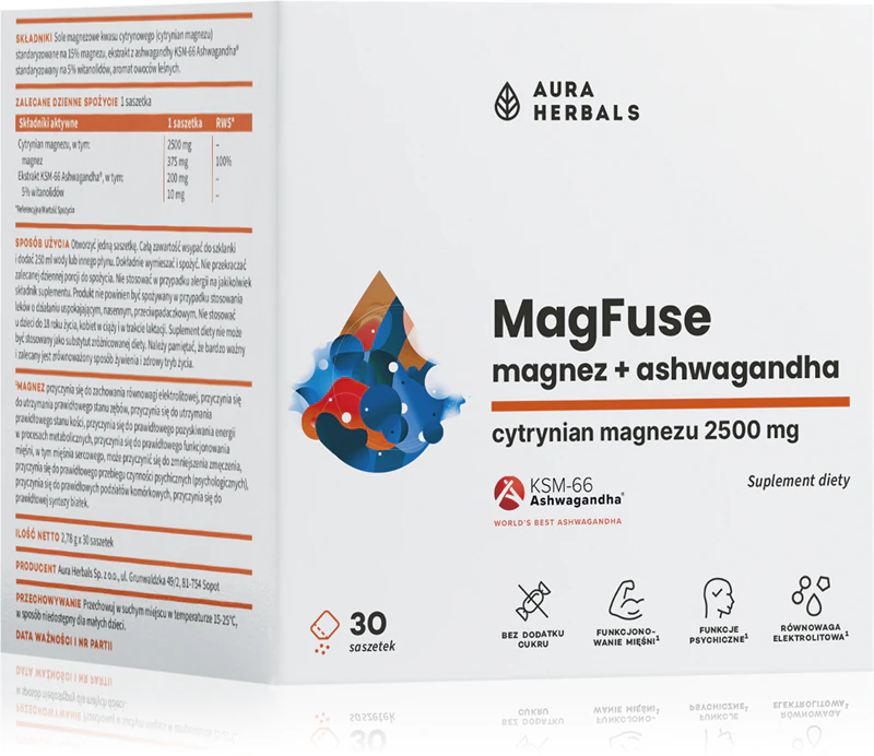 Sachês do suplemento alimentar Aura Herbals MagFuse + Ashwagandha para auxiliar no equilíbrio físico e mental do corpo.