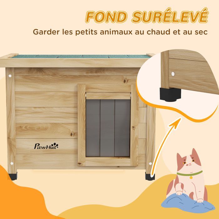 Caseta para gatos - PawHut - caseta elevada de madera para exteriores con techo de asfalto y puerta con cortina - madera - 57x45x43cm - amarillo