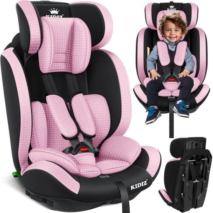 Seggiolino auto KIDIZ® per bambini e neonati da 9 a 36 kg, gruppo 1+2+3, cintura di sicurezza a 5 punti, poggiatesta regolabile, omologazione ECE R129/03, colore rosa.