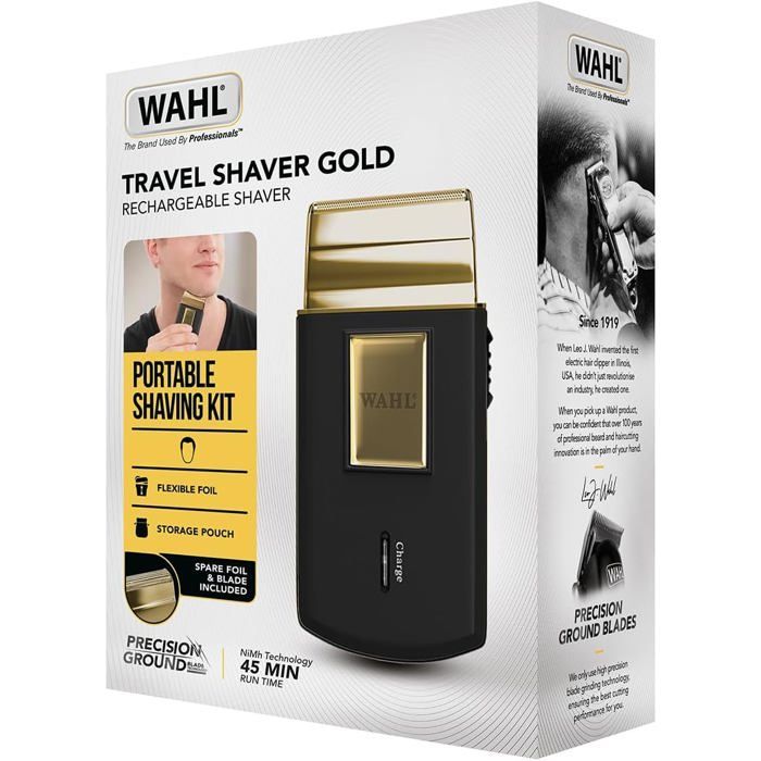 Wahl Travel Shaver Gold - Rasoir sans fil rechargeable (voyage/barbe/cheveux), format compact