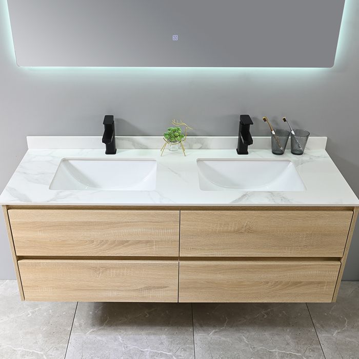 Móvel de banheiro LuxuryBain com pia dupla de 140 cm em madeira com efeito mármore branco e espelho com LED LB-8475