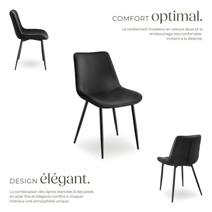 Chaises - TECTAKE - Lot de 8 fauteuils MONROE rembourrés aspect velours assise ergonomique et pieds en acier noir - Noir