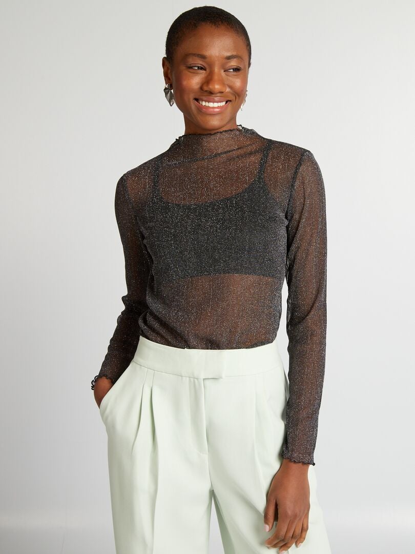 Camiseta metálica transparente con volantes - NEGRA