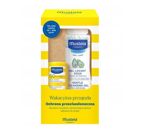 Mustela Wakacyjna Przygoda zestaw sztyft przeciwsłoneczny SPF50 9 ml   żel do mycia ciała i głowy 100 ml