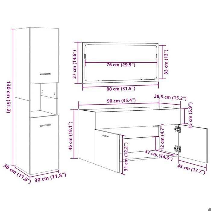 Badkamermeubelset - KALISSE - 4-delig - Betongrijs - Samengesteld hout - 90x38,5x46 cm