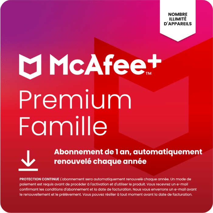 McAfee+ Premium Famille, nombre illimité d'appareils | Abonnement de 1 an, renouvellement automatique annuel