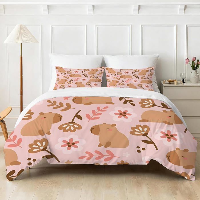 Funda nórdica infantil de 140x200cm con un bonito diseño de capibara, juego de ropa de cama de microfibra con estampado floral de dibujos animados para niñas y niños con fundas de almohada.