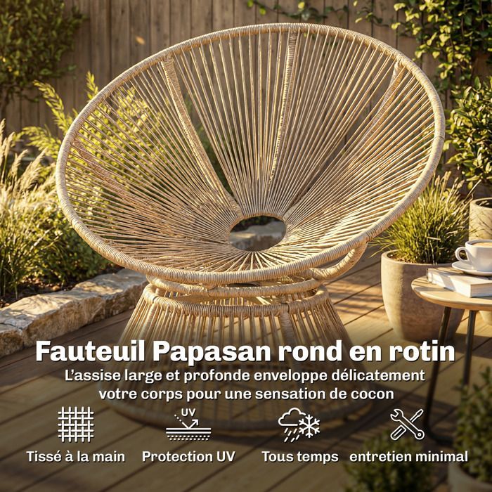 Silla Papasan giratoria 360° - Silla de jardín - Outsunny - Cojín suave de 12 cm - Poliratán y acero - Natural