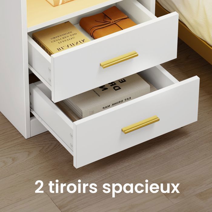 Lot de 2 Tables d’Appoint Modernes avec Tiroirs, Lumières LED, Multiprises et Ports USB, pour Chambre, Blanc