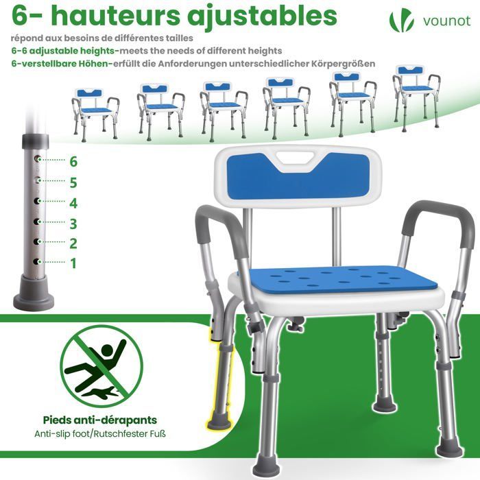 VOUNOT® Duschstuhl mit Rücken- und Armlehnen – Höhenverstellbar – Rutschfeste Füße – Sitzfläche aus Aluminium-HDPE – Blau