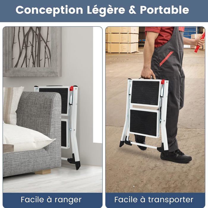 Escalera plegable de 2 peldaños COSTWAY, estructura metálica resistente, pedal antideslizante, 50 x 49 x 45 cm, capacidad de 150 kg, negro + blanco