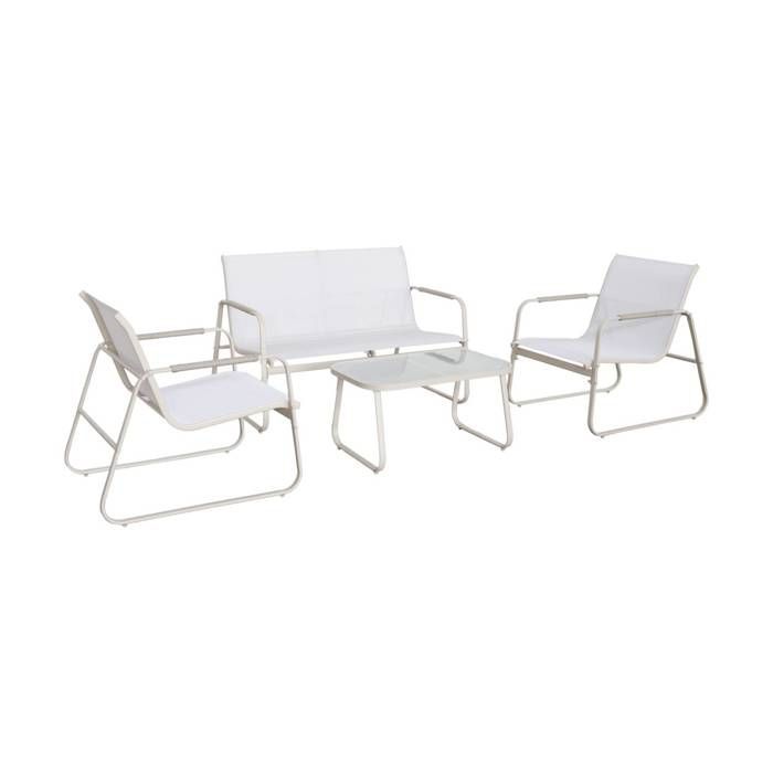 Salon de jardin blanc NOTO acier. 4 places. un canapé. une table. deux fauteuils textilene