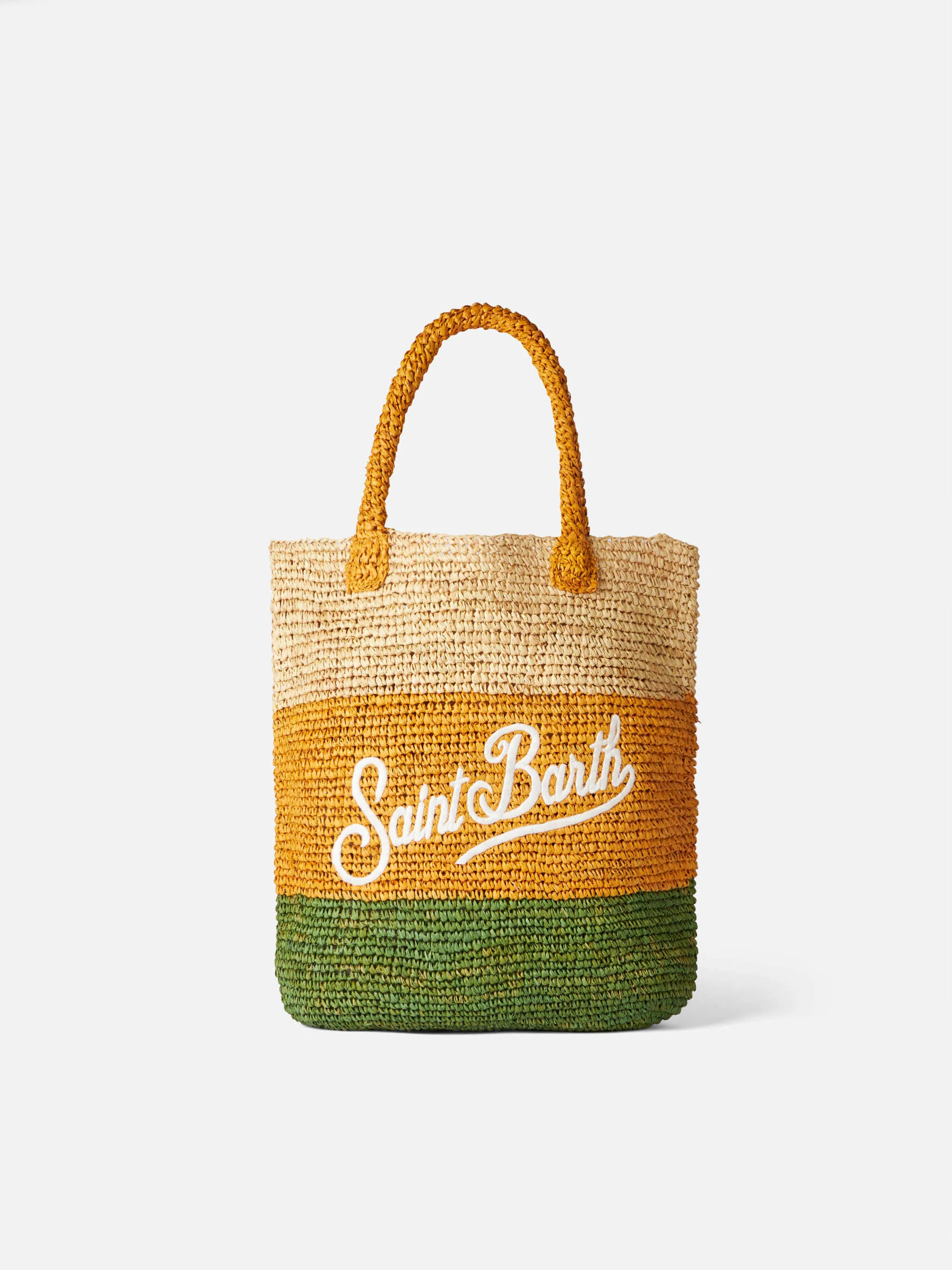 Raffia bucket bag met veelkleurige strepen en borduurwerk