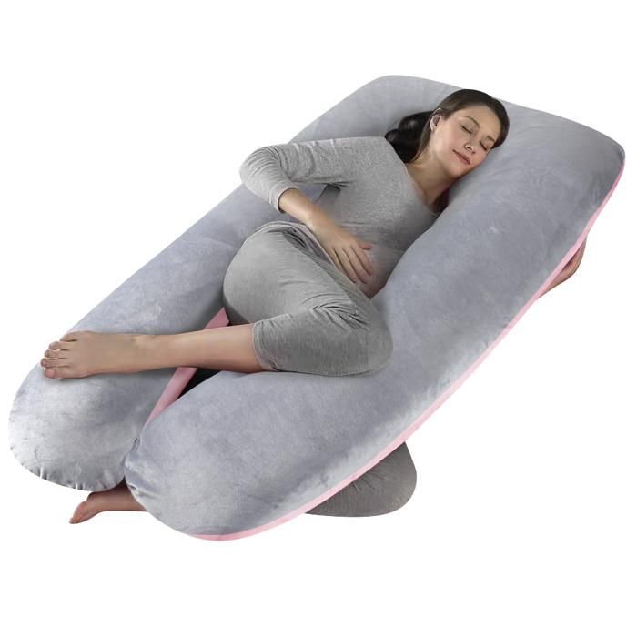 Coussin de Grossesse - Oreiller pour Femme Enceinte en Forme de U pour Dormir -Rose et Gris Foncé - Velours