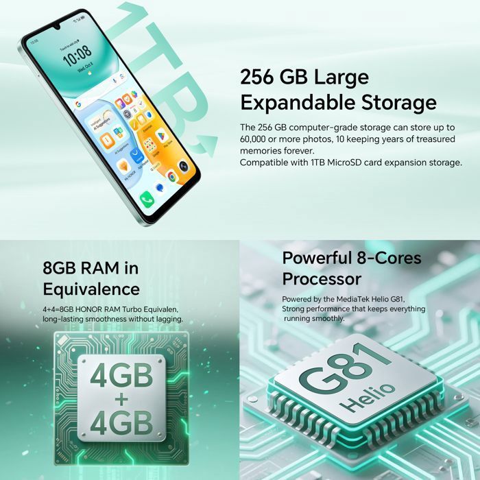 Smartphone 4G - HONOR X5c Plus - 4 GB de RAM - 256 GB - Verde - Cámara ultra nítida de 50 MP - Batería de 5260 mAh - Versión UE