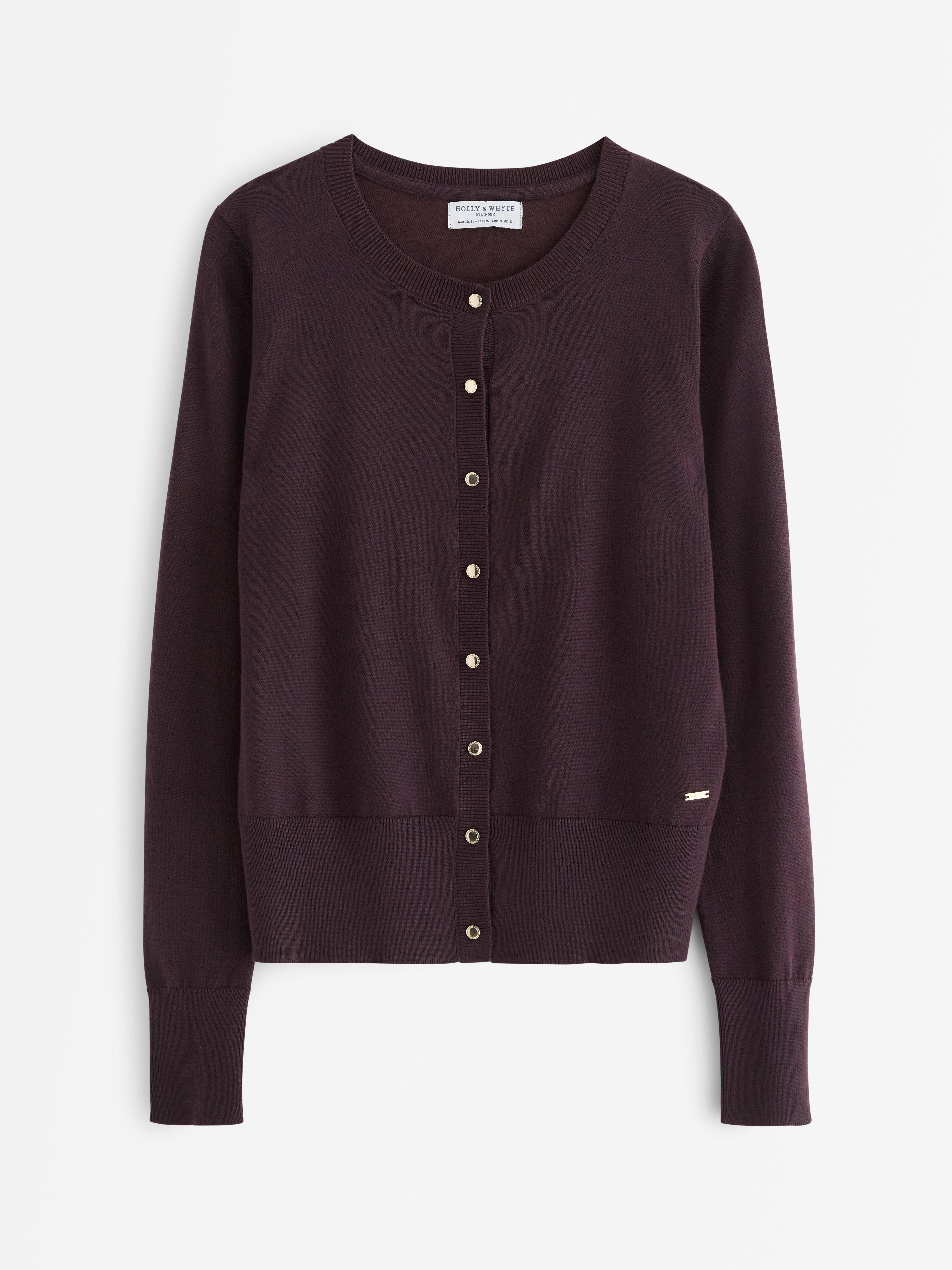 Cárdigan de punto fino color lila oscuro empolvado