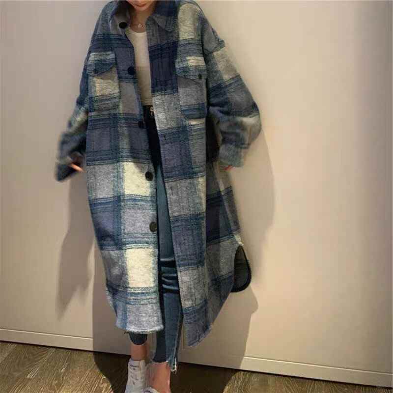 [EWQ] Manteau long en laine à carreaux, coupe ample, automne-hiver, double poche, revers simple boutonnage, mode femme 16E3690