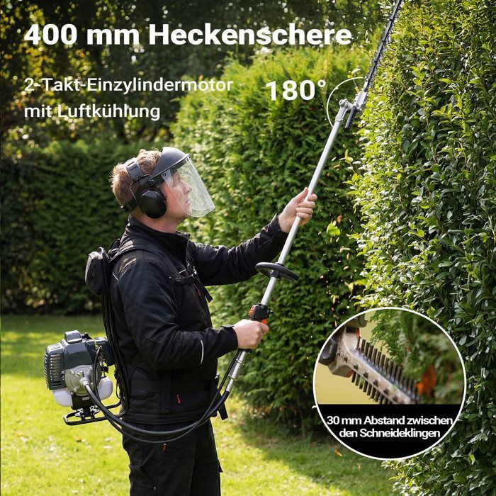 Herramienta multifunción Wiltec 4 en 1 – 2860 x 370 x 560 mm – Motor de gasolina de 2 tiempos y 1,2 L – 1,9 kW – con extensión – Desbrozadora