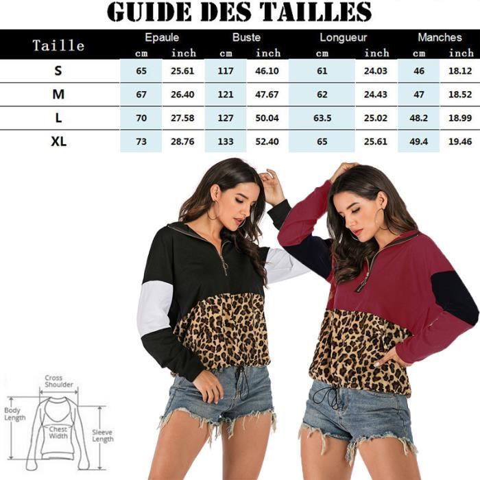 Sweat Femme à manches longues en capuchonné de Marque Sweat-shirt imprimé léopard pull Femme fashion demi zip,Rouge
