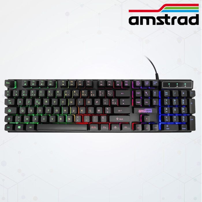 Clavier Gamer Amstrad AMS KEY008 USB, Rétro-éclairage RGB, 12 raccourcis multimédia, 104 touches, AZERTY