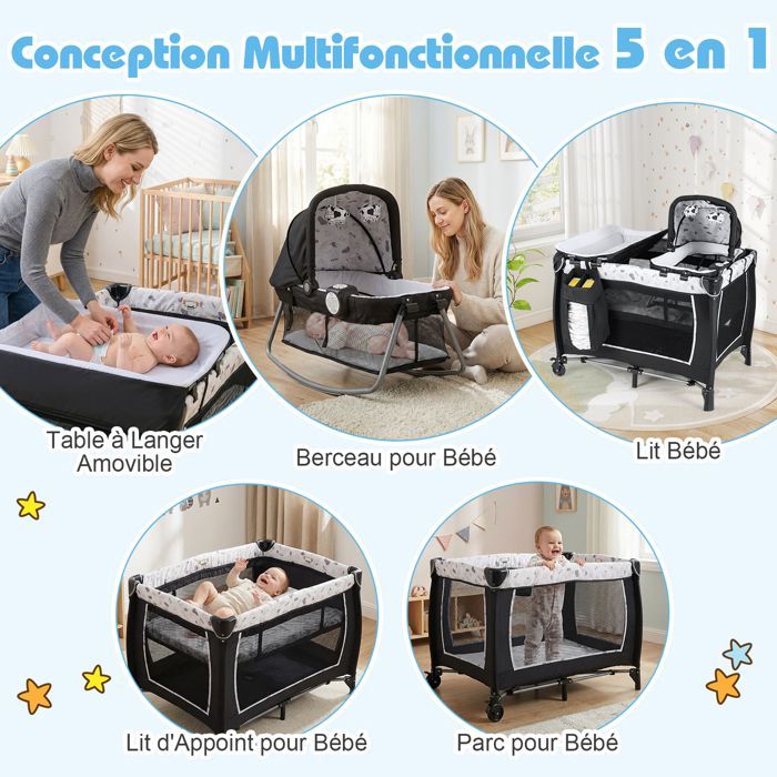 COSTWAY 5-in-1 Reisebett mit Matratze – Babybett, Wickeltisch, Hängespielzeug, Spieluhr mit Licht, Räder – Beige