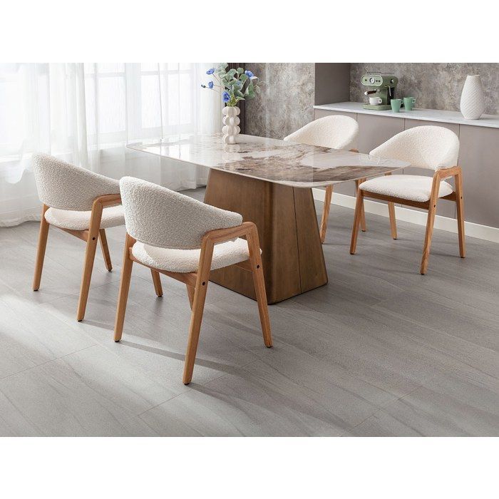 Conjunto de 6 sillas con reposabrazos en tejido bouclé y madera de caucho - Blanco y natural - SOLUNA