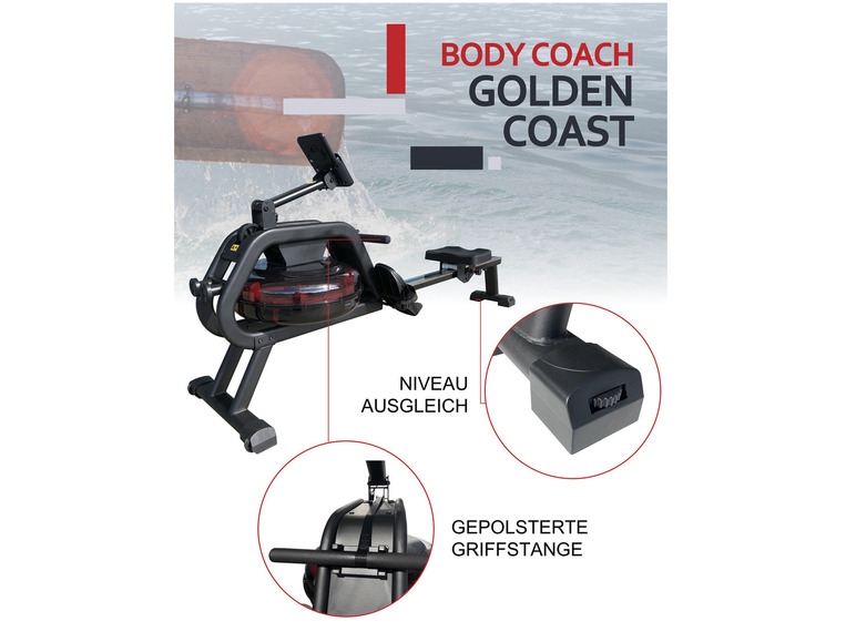 Remo artificial Body Coach Gold Coast Rower com sistema de freio a água e cinta peitoral inclusa.