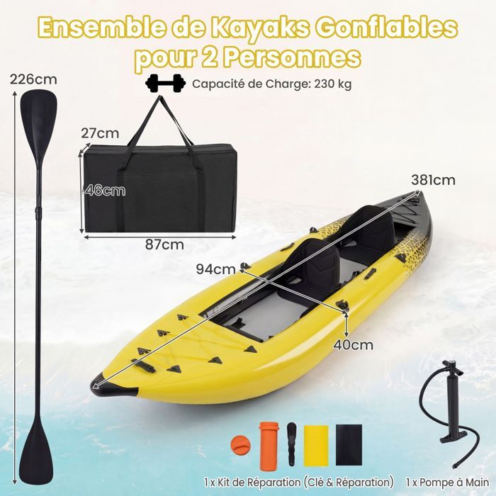 Kayak hinchable COSTWAY para 2 personas, 381x94x40cm - 2 remos de aluminio, 2 aletas desmontables, kit de reparación - Bomba manual - 230kg - Amarillo