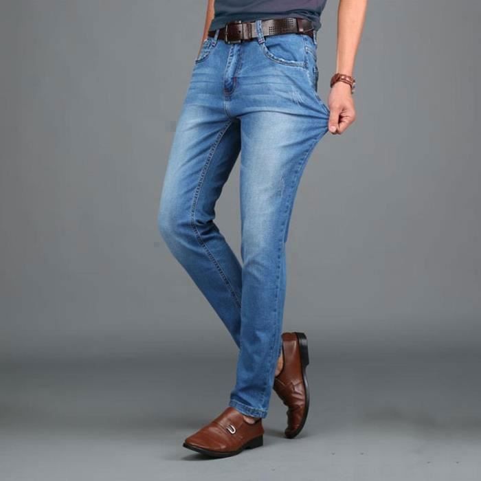 Pantalones vaqueros de pierna recta para hombre, talla grande, elásticos, con 5 bolsillos, efecto desgastado y lavado - Azul claro