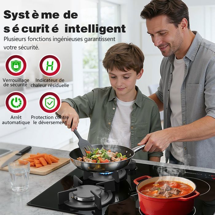 Gas and induction combination hob, 59 cm wide, 3400 W gas with wok burner, 2500 W induction, built-in black glass, natural gas/LPG