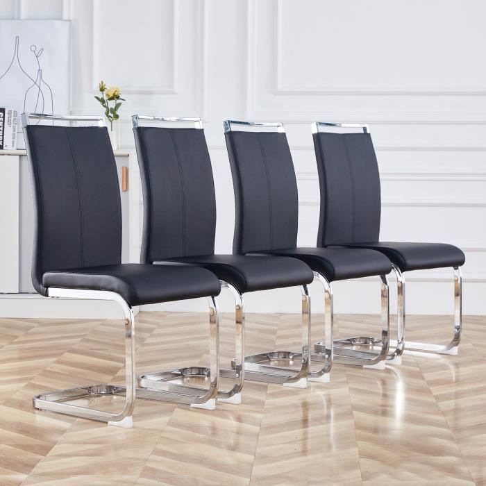 Set van 4 hoge eetkamerstoelen, moderne keukenstoelen bekleed met kunstleer, met zilverkleurige en zwarte metalen poten.