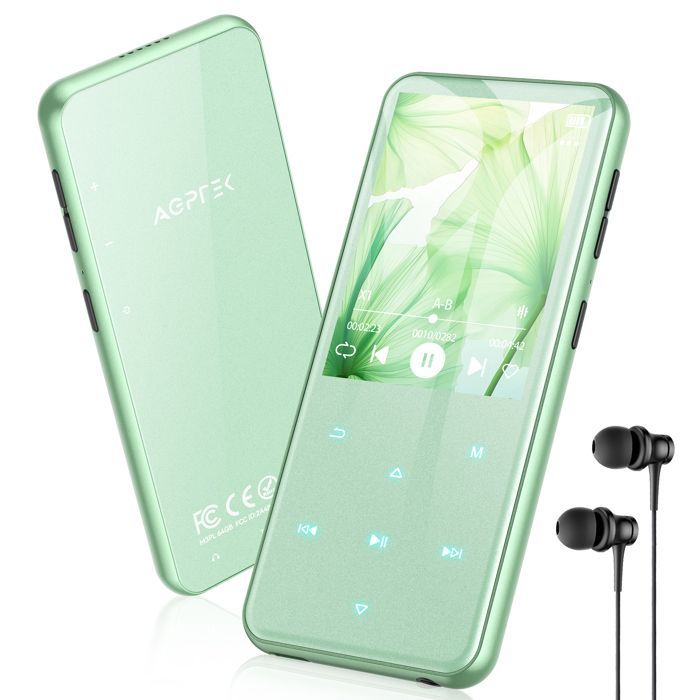AGPTEK 64Go MP3 Bluetooth 5.3, 2.4‘’ Grand Écran, Haut-Parleur Lecteur Musical HiFi avec Bouton Tactile/Radio FM/Enregistreur, Vert