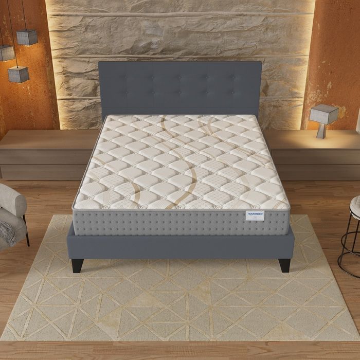 Colchón y cama (140x190cm) - Muelles ensacados Essem de 25cm y espuma de alta densidad + Base de láminas estable y cabecero tapizado en gris