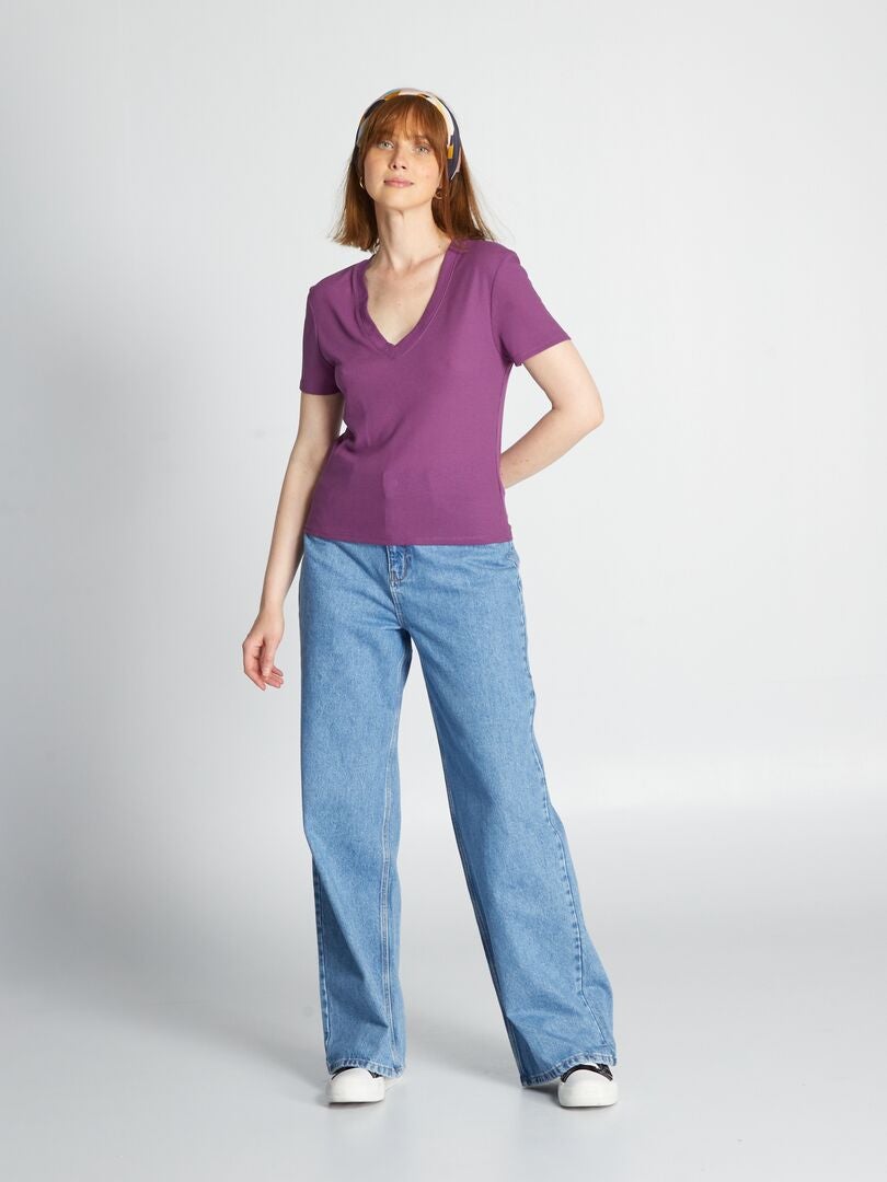 Geribbeld gebreid T-shirt - pruim