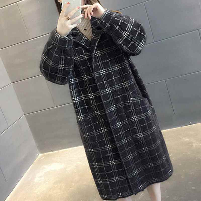 Giacca a Quadri, Cappotto in Maglia Morbida con Colletto, Cappotto di Lana Medio, Abbigliamento Donna, Moda Autunno, Caldo e Spesso