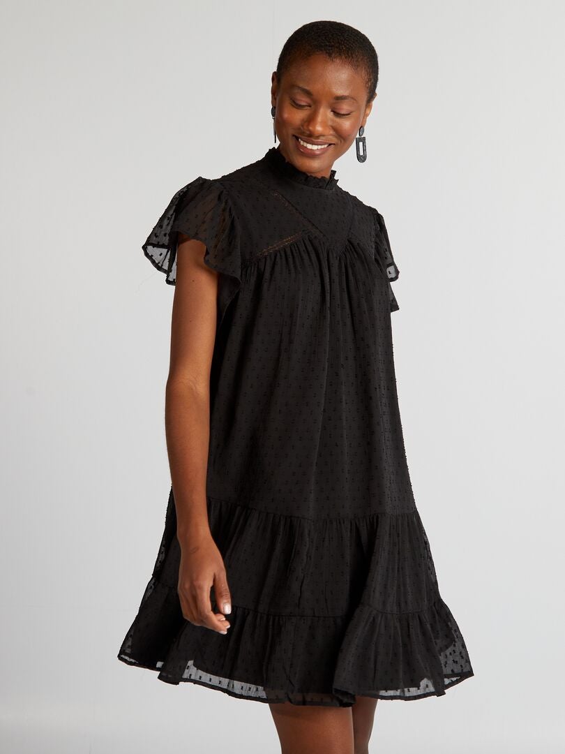 Vestido Plumetis com Babados - Preto