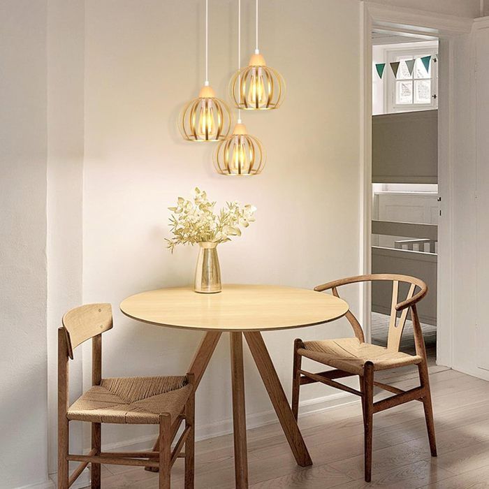 Lustre Suspension - iDEGU - Vintage - Métal et Bois - 3 Ampoules - Design Industriel