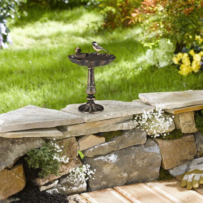 Comedero para pájaros Relaxdays, hierro fundido, decoración de jardín, estilo antiguo, comedero de pie, 40 cm de alto, bronce.
