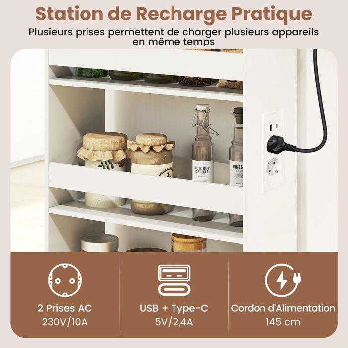 GIANTEX Desserte de Cuisine Étroit à Roulettes- 47,5x20x80,5cm- Station de Charge- Chariot de Service à 4 Niveaux- Blanc + Brun