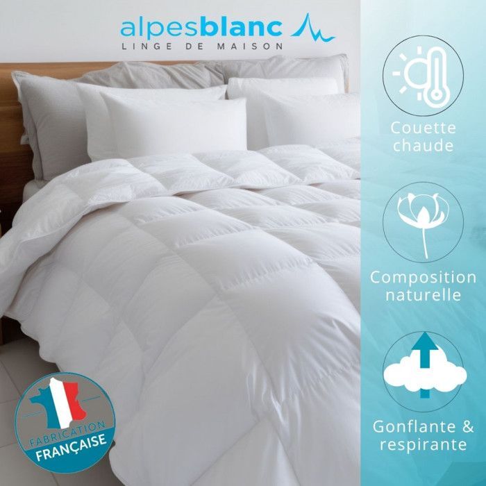 ALPES BLANC - Edredón de invierno natural 360 g/m² 280x240 cm - 30% plumón, 70% plumas - Cálido y mullido - Hecho en Francia