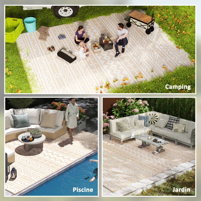 Tapis d'extérieur - Outsunny - réversible - 3,7 x 2,7 m - motif mur géométrique - en PP - sac de transport - kaki et beige clair