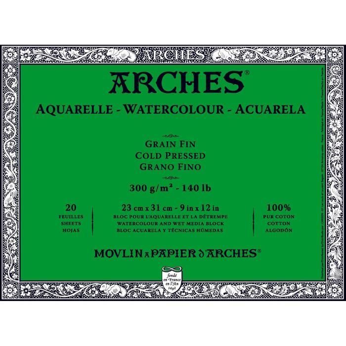Bloc Aquarelle - ARCHES® - 20 feuilles - 23x31 cm - 300g - Grain fin blanc naturel