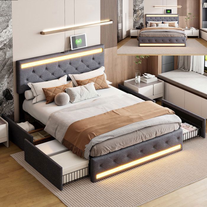 Cama de 140x190 cm - LED - USB - Tela de lino - Estructura de cama doble de 140x190 cm - Gris oscuro