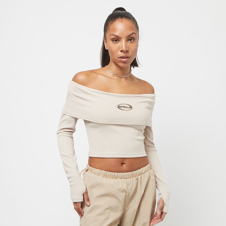 Geribbelde crop top met lange mouwen en Bardot-model