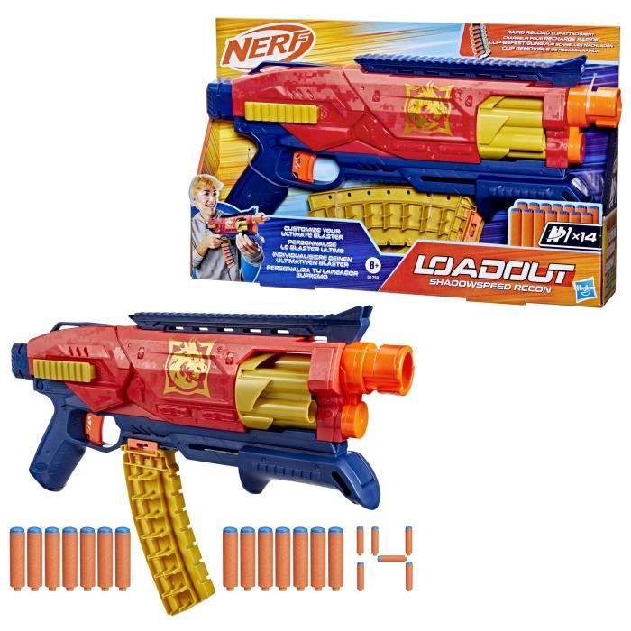 Nerf Loadout Shadowspeed Recon blaster met opbergruimte voor de 14 meegeleverde Nerf N1 pijltjes, roterende trommel voor 6 pijltjes, speelgoed