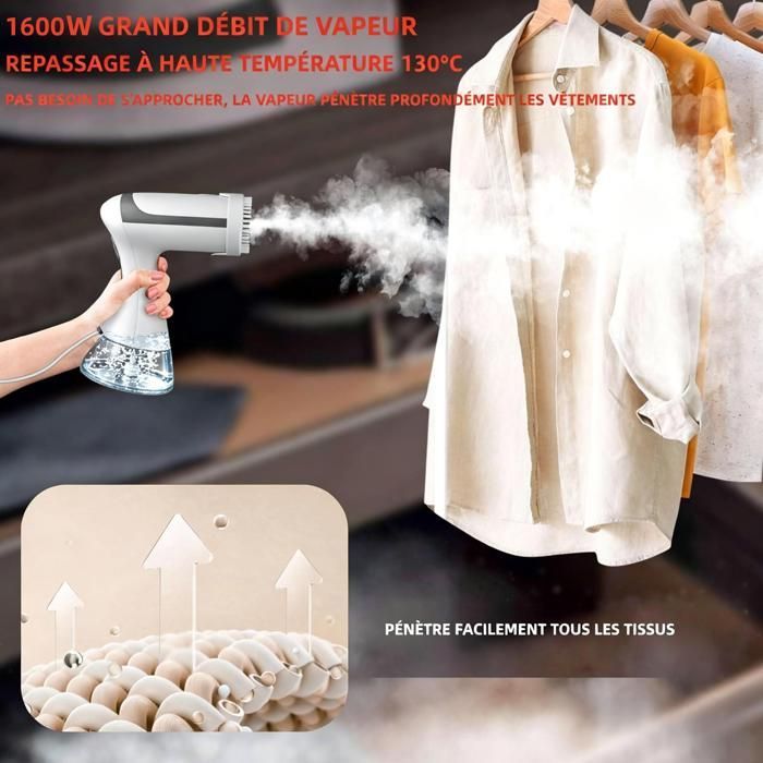 Défroisseur vapeur portable 1600W, réservoir 300ml, chauffe en 20s, fer à vapeur de voyage pour éliminer les plis des vêtements