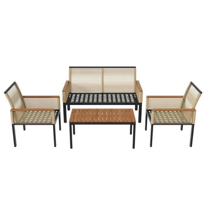 Set di mobili da giardino in acciaio a 4 posti - 2 poltrone e tavolino - in corda intrecciata e legno di acacia - Beige