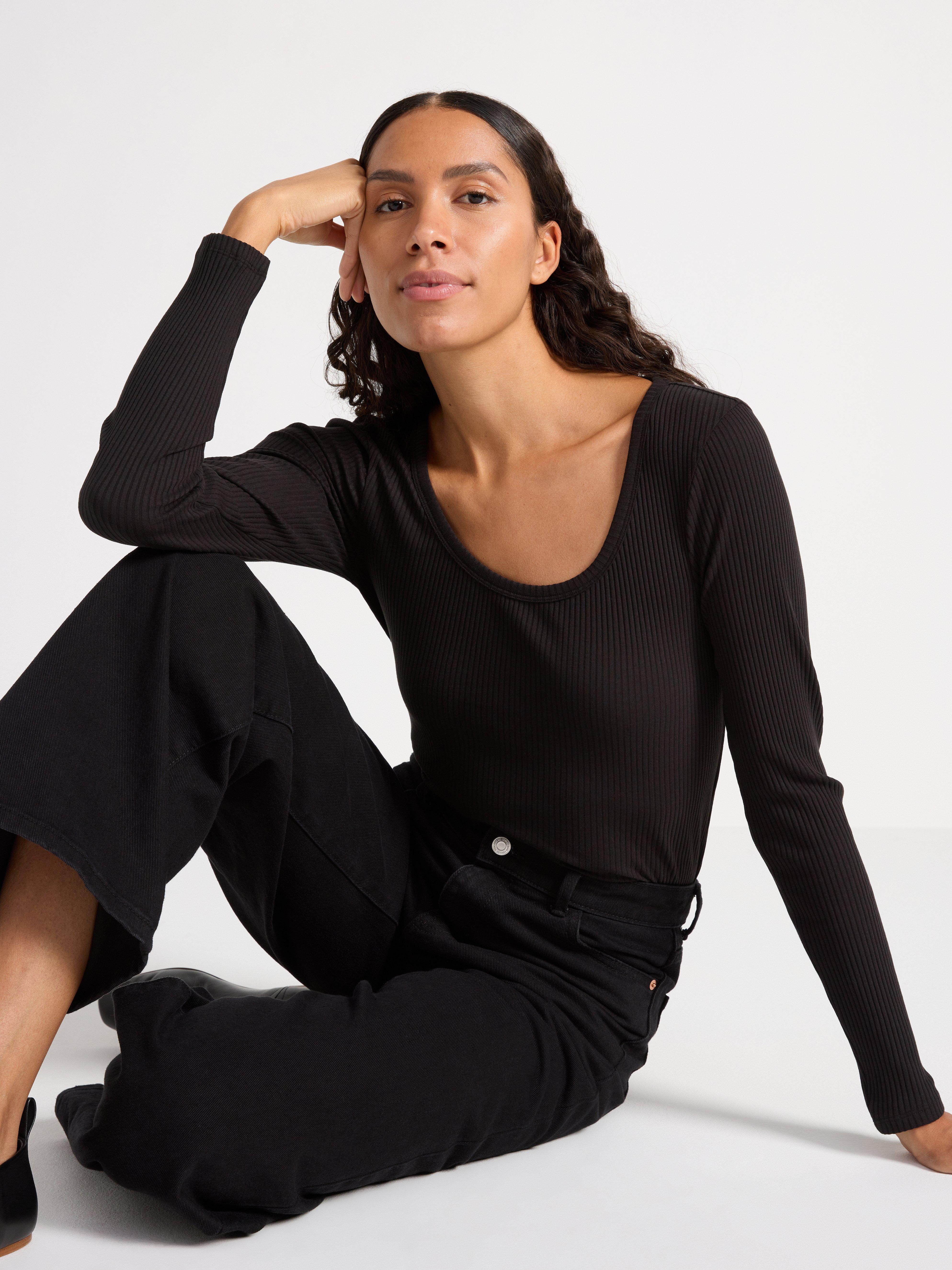 Ribbad långärmad topp Black